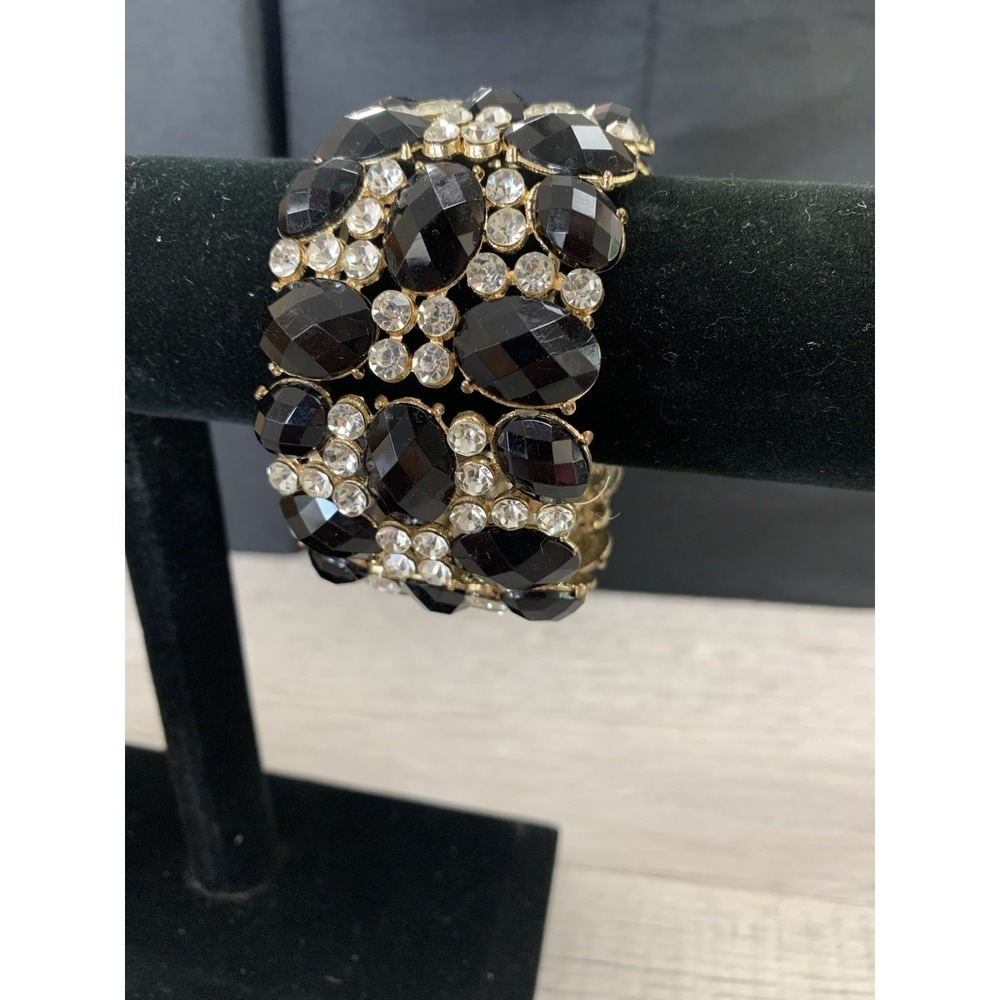 Chunky Black Faux Stone Cluster With Crystals Stretch Bracelet Gold Tone‎ 7"